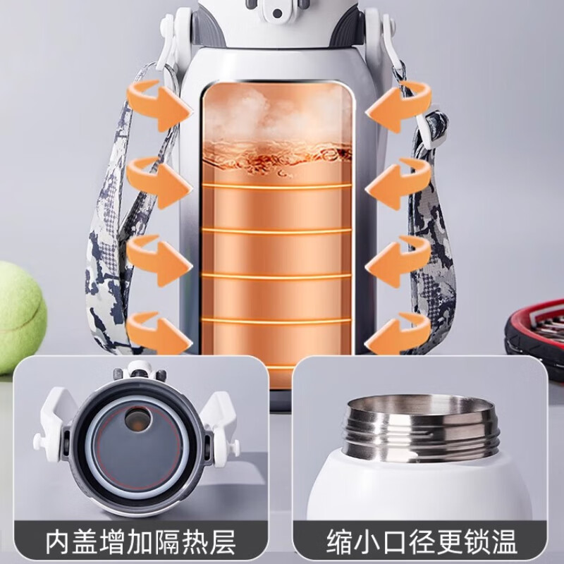 German quality ton bucket insulated cup, large capacity, new type of ton bucket insulated water cup for children going to school, cold gray green + straw + strap 1500ml