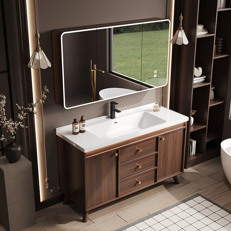 Hengjie new Chinese style walnut bathroom cabinet combination ceramic integrated basin floor-standing bathroom hand wash basin H08-80 walnut color/lower grid storage mirror cabinet (falling