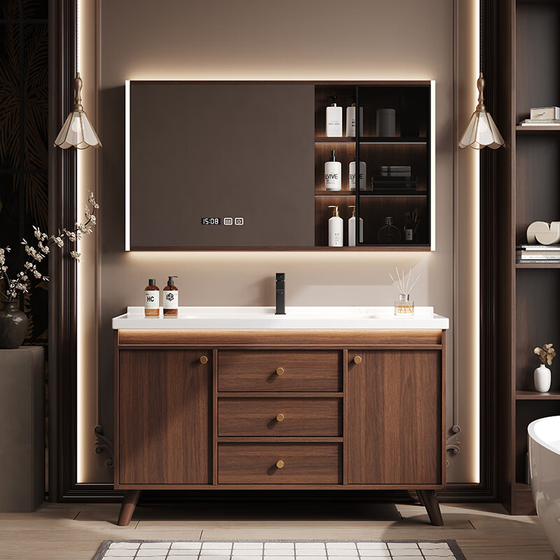 Hengjie new Chinese style walnut bathroom cabinet combination ceramic integrated basin floor-standing bathroom hand wash basin H08-80 walnut color/lower grid storage mirror cabinet (falling