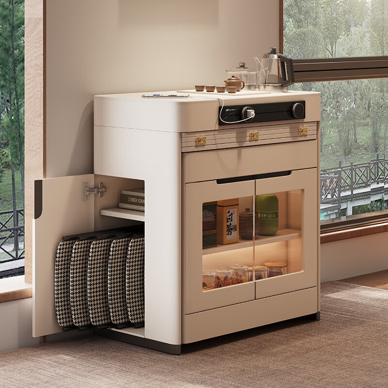 Micro Art 2026 cream style sideboard island dining table integrated household retractable and foldable small apartment bar guide inverted dining table island dining table + A style dining chairs * 6 (with tea)