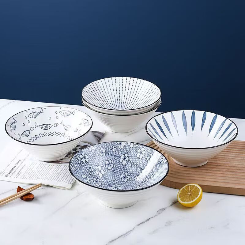 Japanese ramen bowl large bowl instant noodle bowl household Internet celebrity tableware 8 bucket hat porcelain bowl noodle restaurant bucket hat soup bowl ceramic bowl random style 8 inch bucket hat bowl 4 pieces