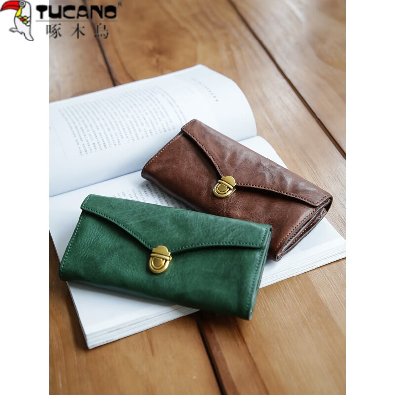 Woodpecker (TUCANO) Genuine Leather Retro Women's Long Wallet Top Layer Vegetable Tanned Cowhide Large Capacity Lock Handheld Horizontal Multi-Card Slot Wallet Dark Brown