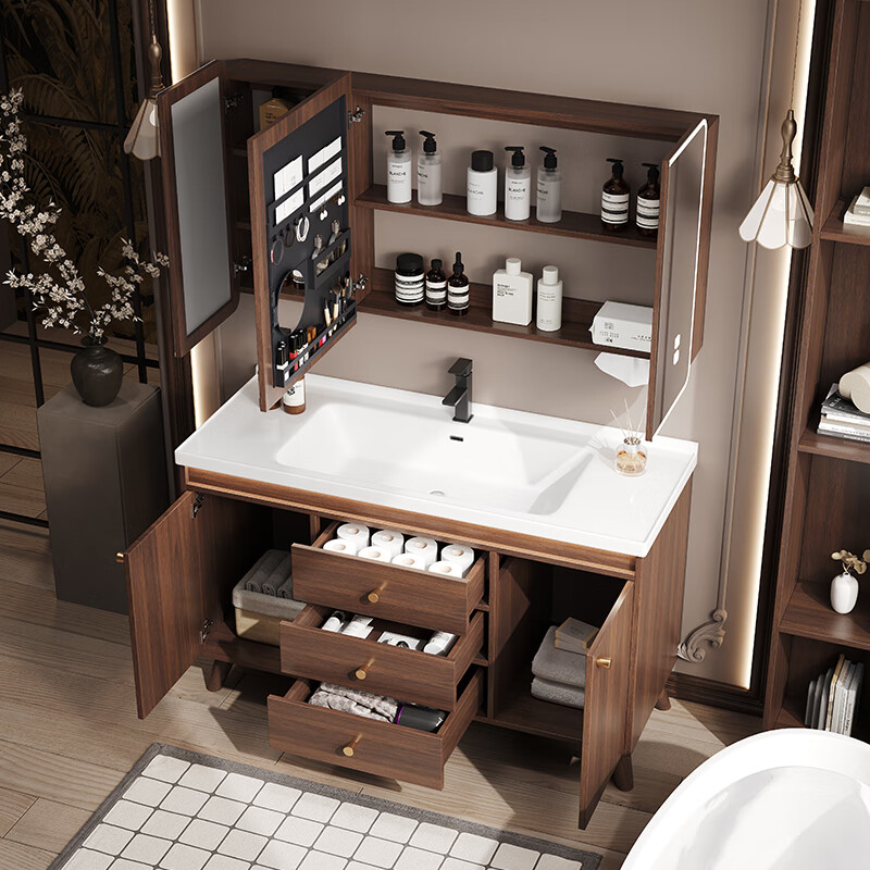 Hengjie new Chinese style walnut bathroom cabinet combination ceramic integrated basin floor-standing bathroom hand wash basin H08-80 walnut color/lower grid storage mirror cabinet (falling