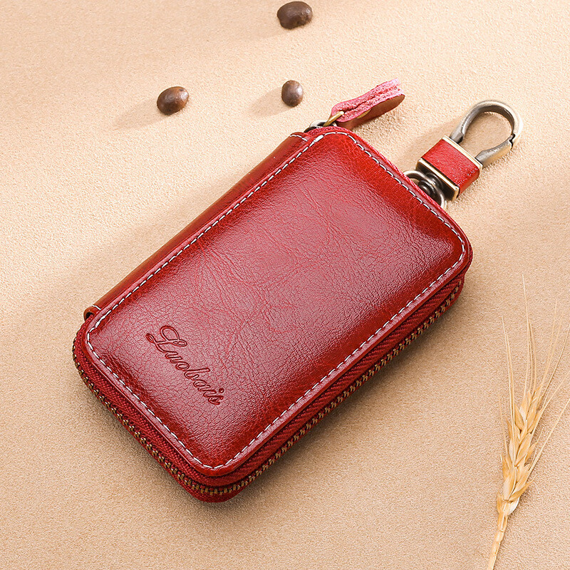 KUQIDAISHU Car Key Bag Men's Genuine Leather Zipper Key Bag Women's Multifunctional Card Holder Creative Wallet Large Retro Brown