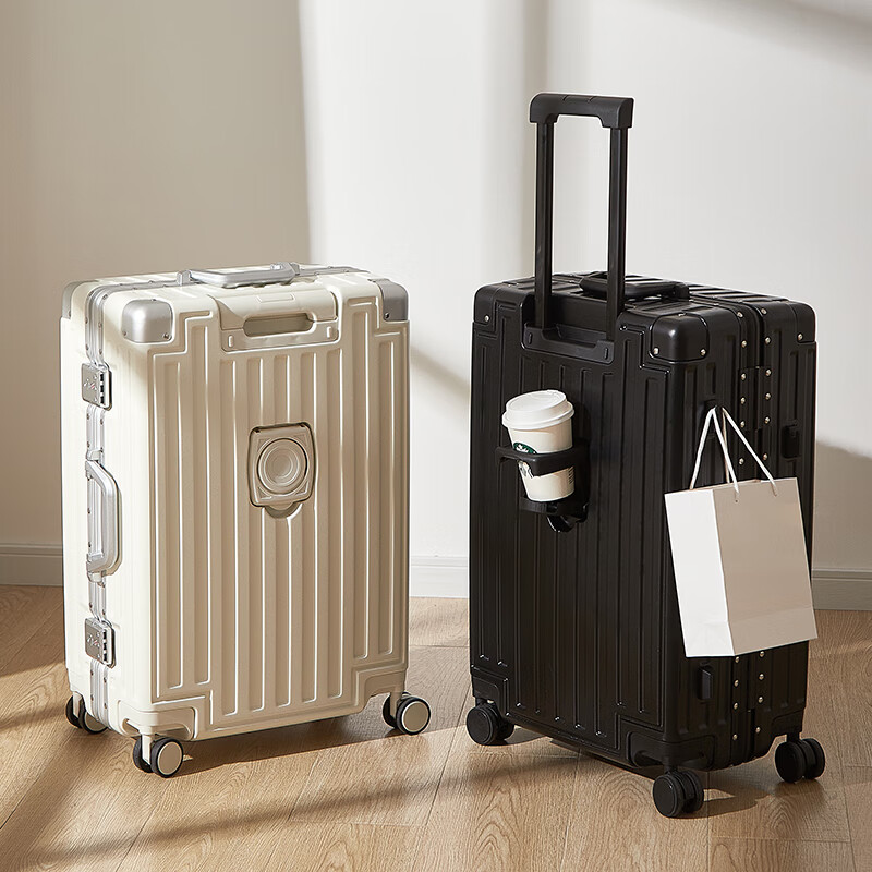 SOO aluminum frame suitcase high-looking trolley case sturdy suitcase password case leather case with cup holder black 26 inches