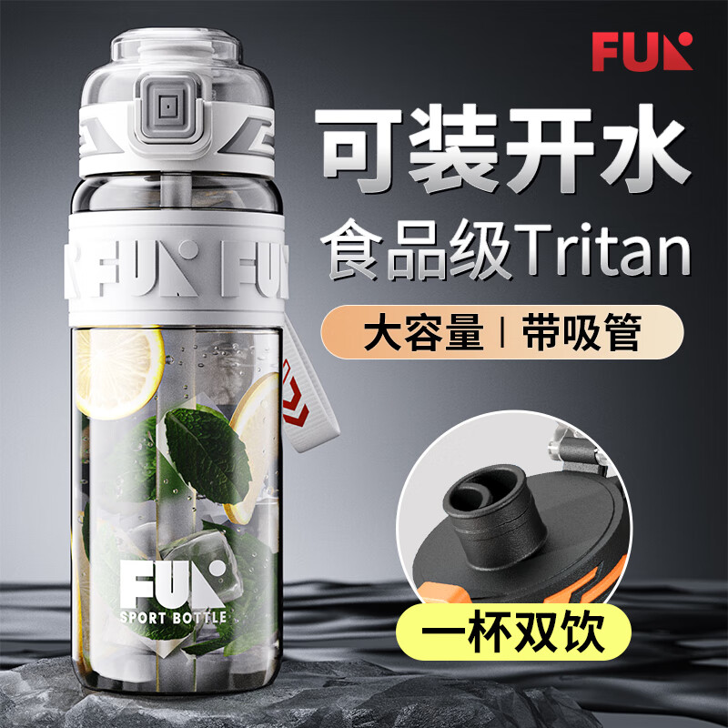 SZTAA Sports Water Cup Large Capacity Sports Water Bottle High Temperature Resistant Tritan Water Cup Men's Summer Ton Bucket Ton Student Dayton Edelweiss White (Tritan + Double Drink) 640ml