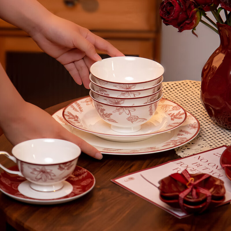 SUCCOHOMEWARE Chinese red festive tableware set gift box wedding gift moving housewarming gift ceramic bowl and plate set Shangxi 4-person meal (high-end gift box) (JD Logistics) fast delivery to the next day