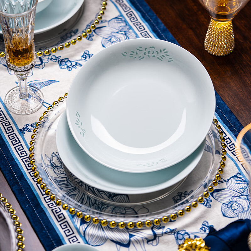 Rich Jade Ceramics Jingdezhen Celadon Exquisite Tableware Complete Set of Underglaze Colored Bowls and Plates Home Gift Set Celadon Jade Peony 16 Heads