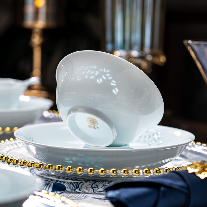 Rich Jade Ceramics Jingdezhen Celadon Exquisite Tableware Complete Set of Underglaze Colored Bowls and Plates Home Gift Set Celadon Jade Peony 16 Heads