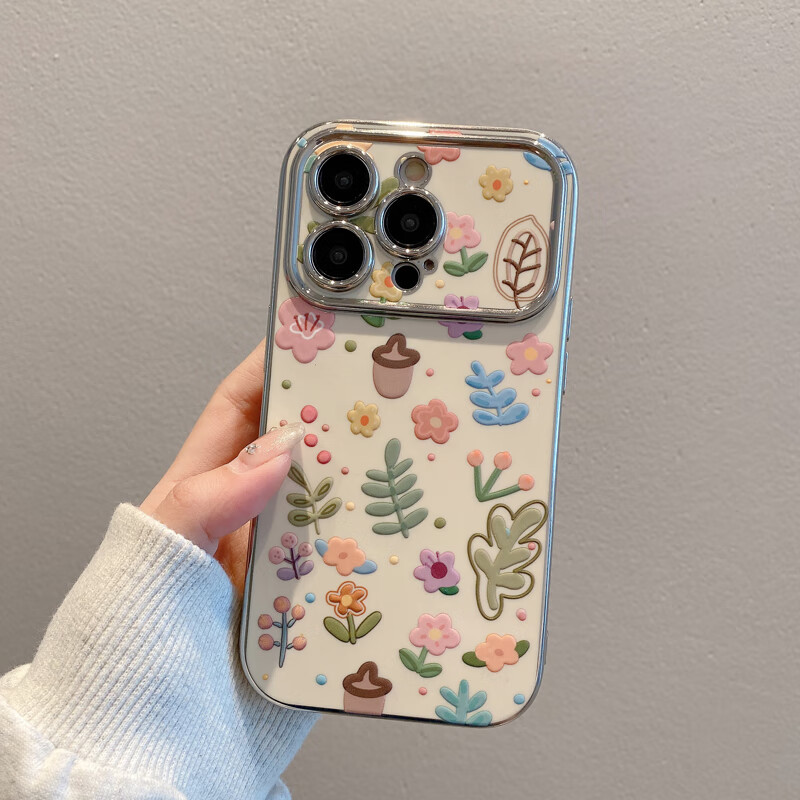 Vinien is suitable for Apple 16prom mobile phone case 15promax female new model 14pro summer high-end lens all-inclusive 13pm silicone small fresh 12 niche 17 anti-fall protective cover chestnut floral lens all-inclusive + delicate and skin-friendly iPhone 16 Pro Max