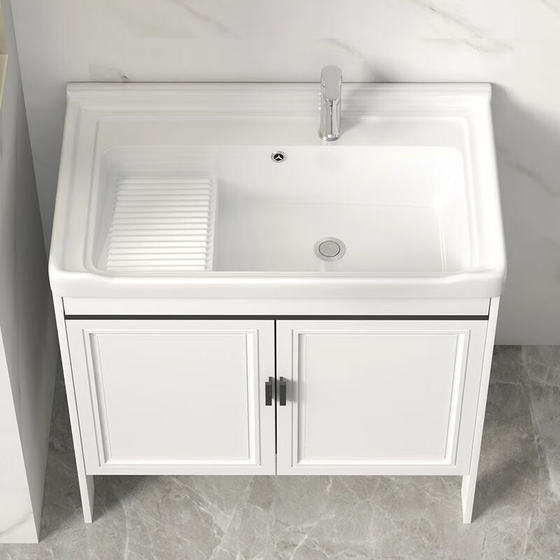 Jomoo's new space aluminum laundry cabinet balcony laundry sink ceramic washbasin with washboard floor-standing washbasin cabinet set ivory white 71*48 cabinet + basin + hardware + mirror cabinet