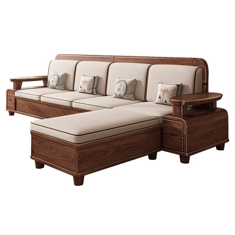 Yahua Xiangshe new Chinese style black walnut solid wood sofa modern simple living room small apartment winter and summer storage sofa 3.15 meters four-seater + imperial concubine couch + coffee table + TV cabinet assembly