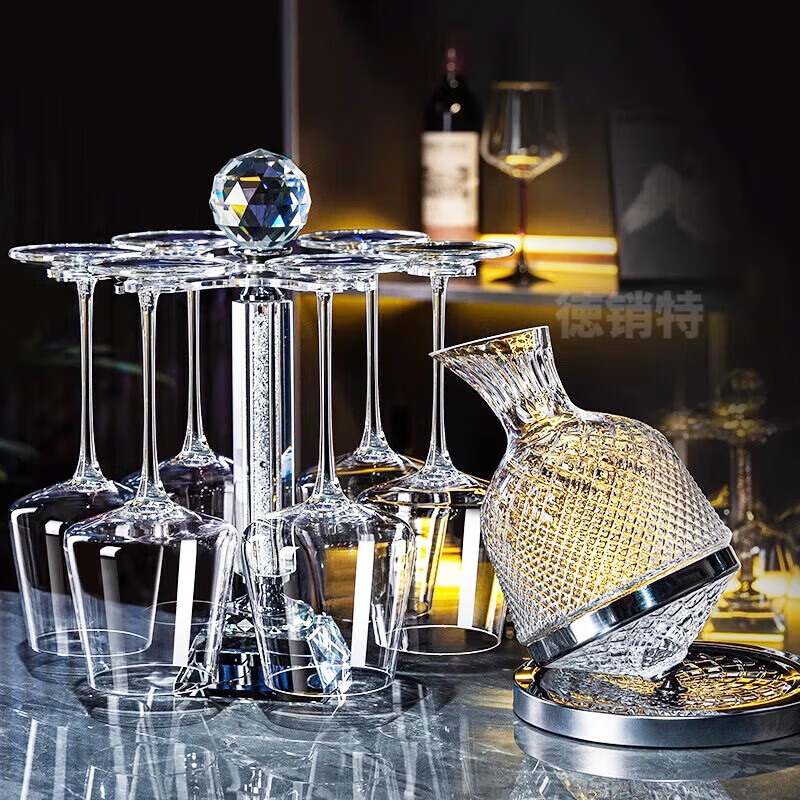 Depinte Crystal Red Wine Glass Rotating Decanter Goblet Wine Glass Home Light Luxury High-end Creative Wine Set 6 Crystal 425ml Red Wine Glass Silver Diamond Cup Holder Decanter