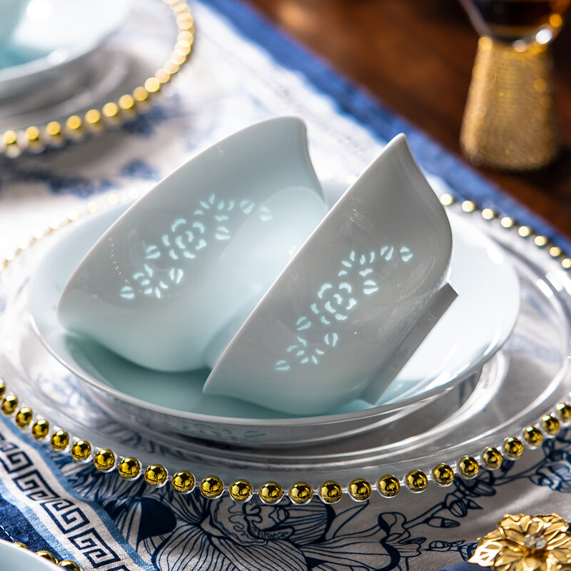 Rich Jade Ceramics Jingdezhen Celadon Exquisite Tableware Complete Set of Underglaze Colored Bowls and Plates Home Gift Set Celadon Jade Peony 16 Heads