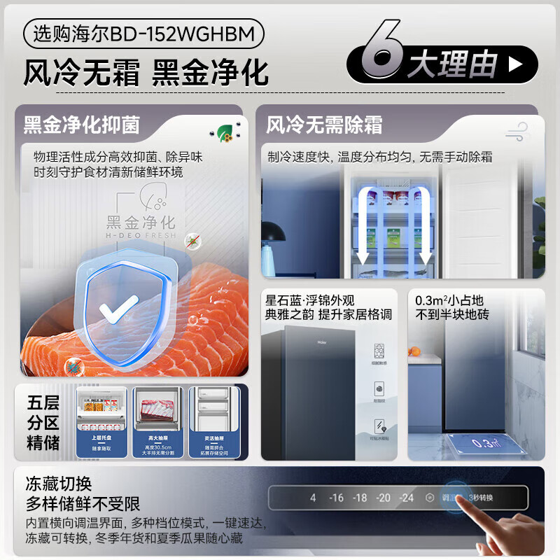 Haier 152-liter vertical freezer air-cooled frost-free refrigerator new level drawer-type small freezer fresh moisturizing deep-cooling quick-frozen seafood refrigeration and freezing BD-152WGHBM