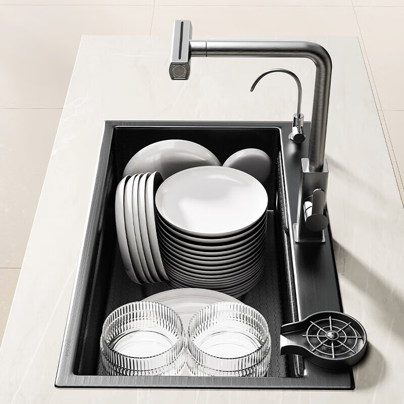 Jiumu Pool Raindance Waterfall Digital Display Wash Basin Kitchen Sink Thickened 304 Stainless Steel Nano Sink 80*45 Raindance Waterfall Digital Display Faucet Package