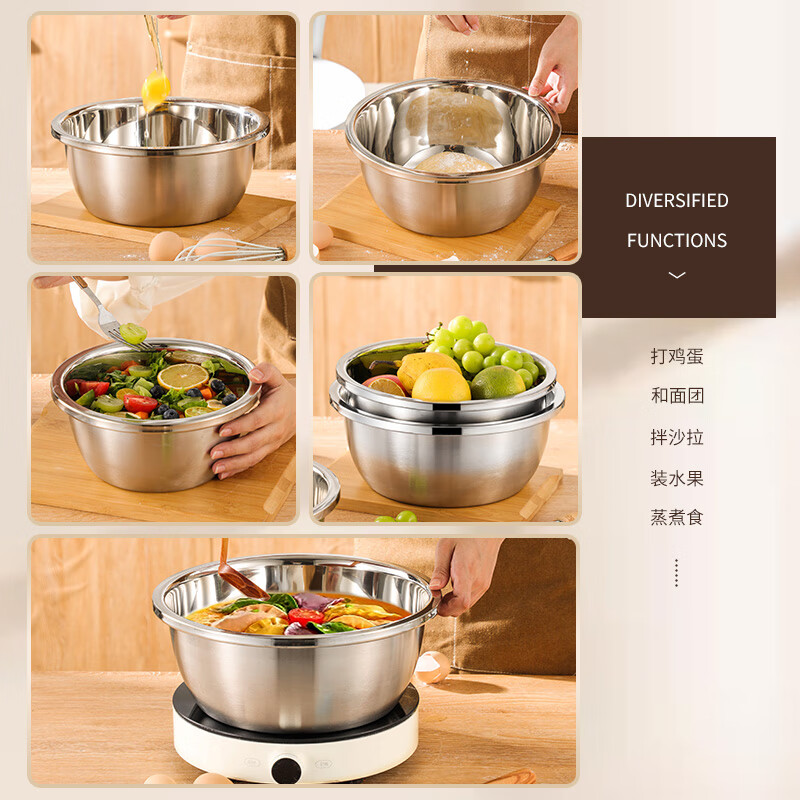 Extra thick 304 stainless steel basin household soup basin kitchen egg-beating food and basin washing vegetable baking grade extra large basin extra thick 18cm one pack
