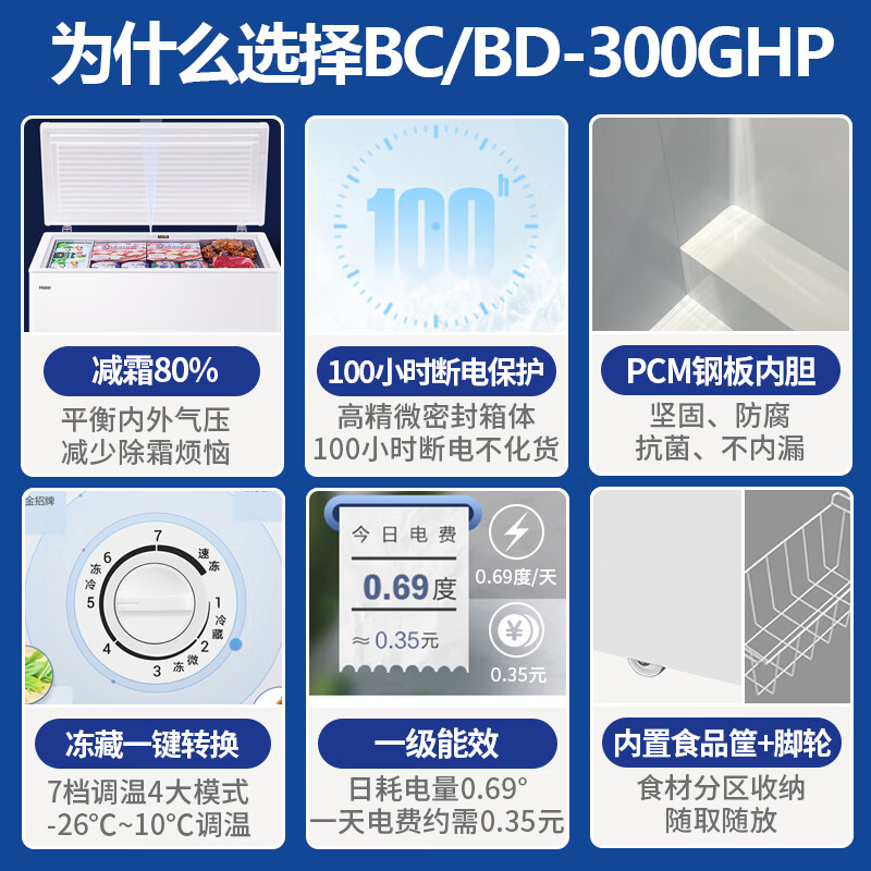 Haier household freezer 300 liters large capacity new level of energy efficiency ultra-low temperature quick freezing fully frozen and refrigerated dual-purpose small freezer PCM anti-corrosion steel plate liner does not require frequent defrosting 300 liters new level of energy efficiency + steel plate liner + automatic frost reduction 300L