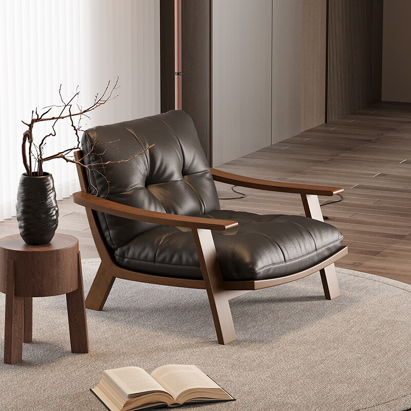Small hibiscus mid-century style solid wood leisure chair retro Maillard leather single sofa chair living room balcony light luxury lazy sofa black