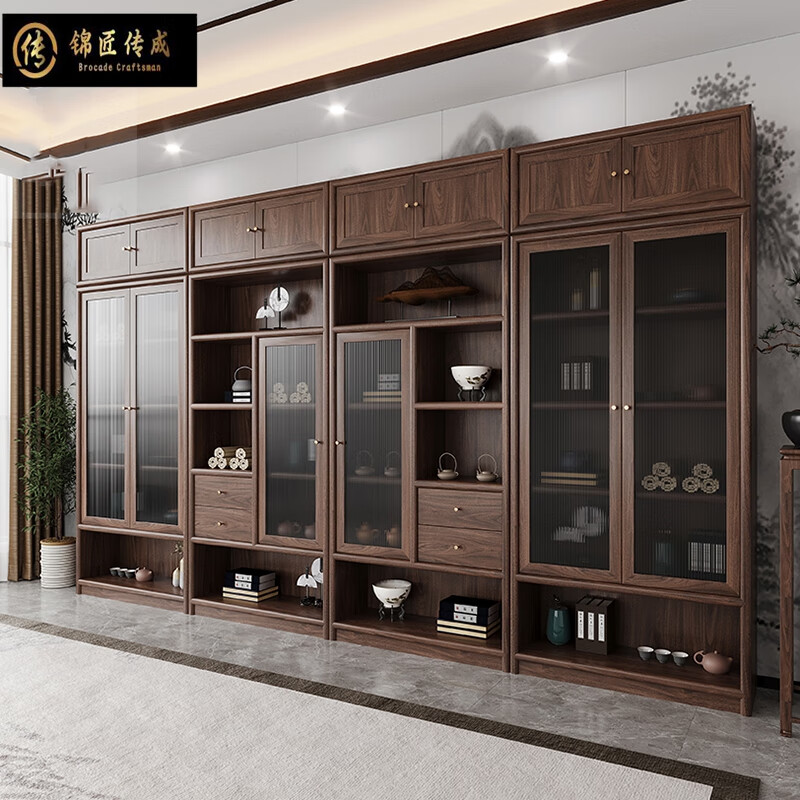 Jinjiang Chuancheng New Chinese style Bogu rack North American black walnut study bookshelf tea room tea rack tea cabinet tea space display cabinet old elm middle cabinet 100*35*240cm