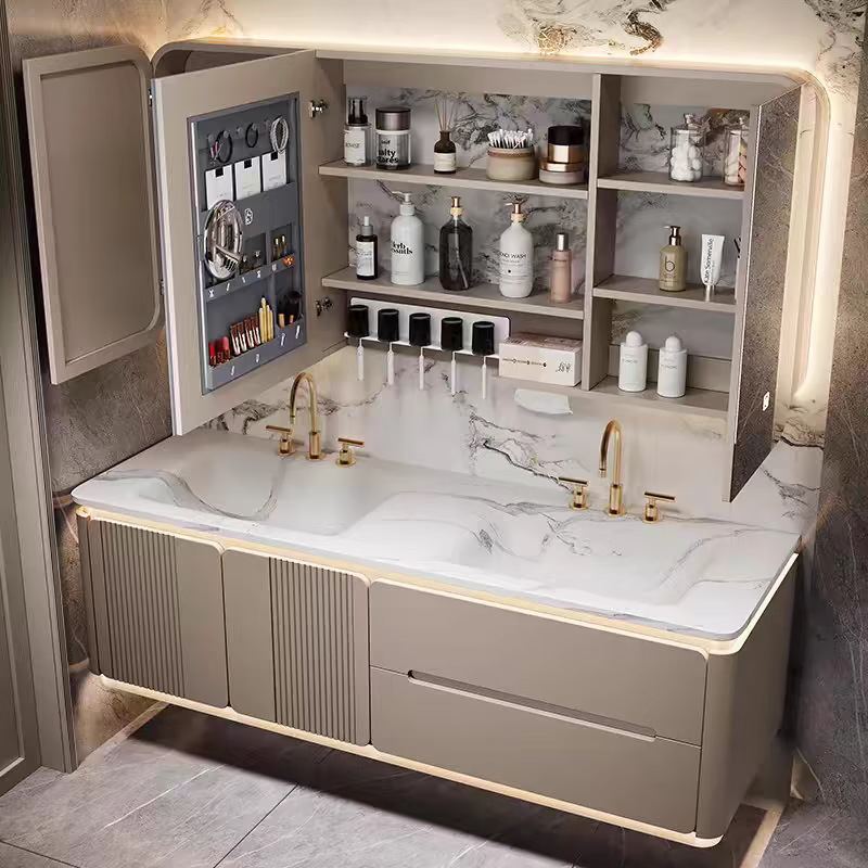 Royal Ceremony New Slate Hot Bending Integrated Double Basin Modern Bathroom Intelligent Hand Washing Table Integrated Bathroom Cabinet Combination Slate Hot Bending Integrated Basin + Intelligent Beauty Mirror Cabinet 1.7 Meter Double Basin