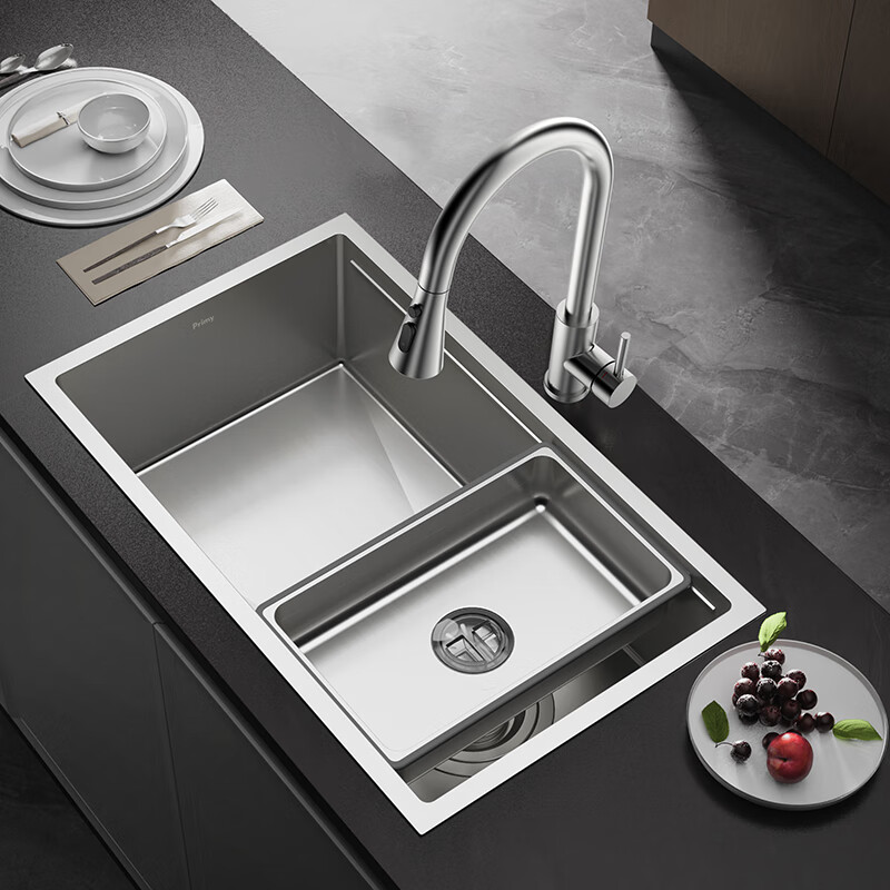 Primey washbasin kitchen sink large single-slot undercounter basin thickened 304 stainless steel side drainage dishwashing sink wide edge 800*480 | Includes new three water outlets