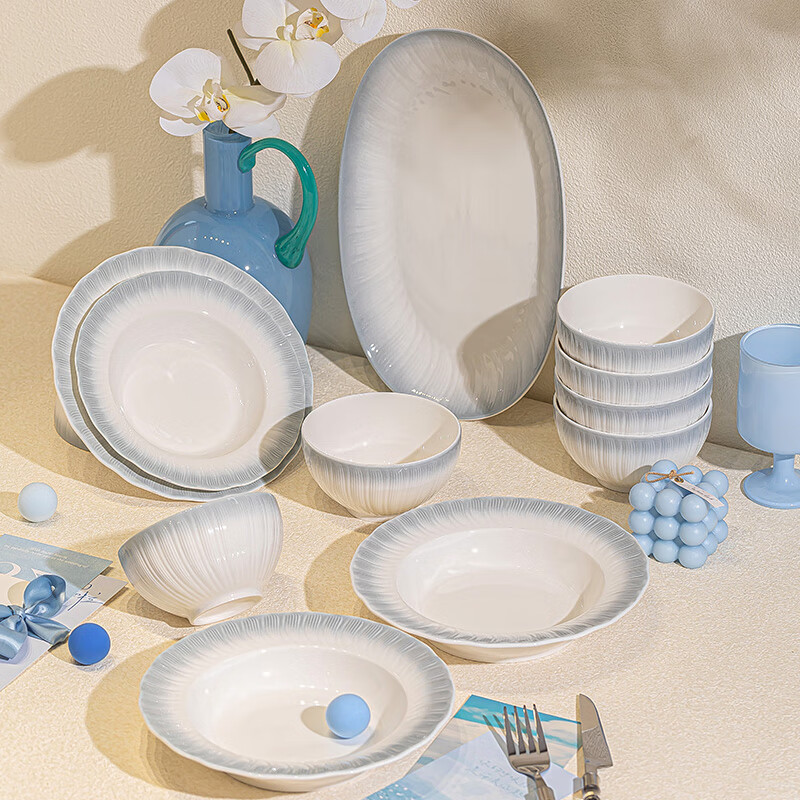 Shumang bowls, plates, tableware, high-value tableware set, cream-style ceramic dishes, chopsticks and bowls set, wedding gift, 12-person meal, 58 pieces, with soup pot, gift box, 58-piece set