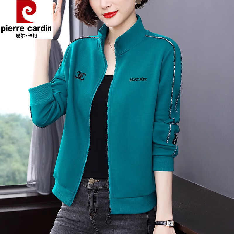 Pierre Cardin stand-up collar cardigan zipper jacket for women spring and autumn new style western style mom long-sleeved top large d size velvet thickened sweatshirt big red spring and autumn style XL (recommended 115-125 pounds)