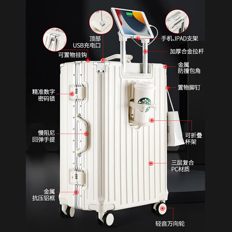 Huatong luggage 28-inch large-capacity trolley suitcase, next-day delivery, carry-on suitcase, password case, leather suitcase, dark gray USB+cup holder+wet and dry separation, 20-inch board-in suitcase, short-distance business trip