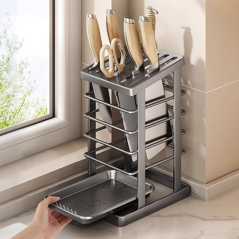 Kitchen Knife Rack Knife Storage Rack Multifunctional Kitchen Knife Storage Rack Countertop Knife Rack Drainable Knife Holder Storage Rack Gun Gray Knife Rack Drainage Tray - Rusty Bud Compensation
