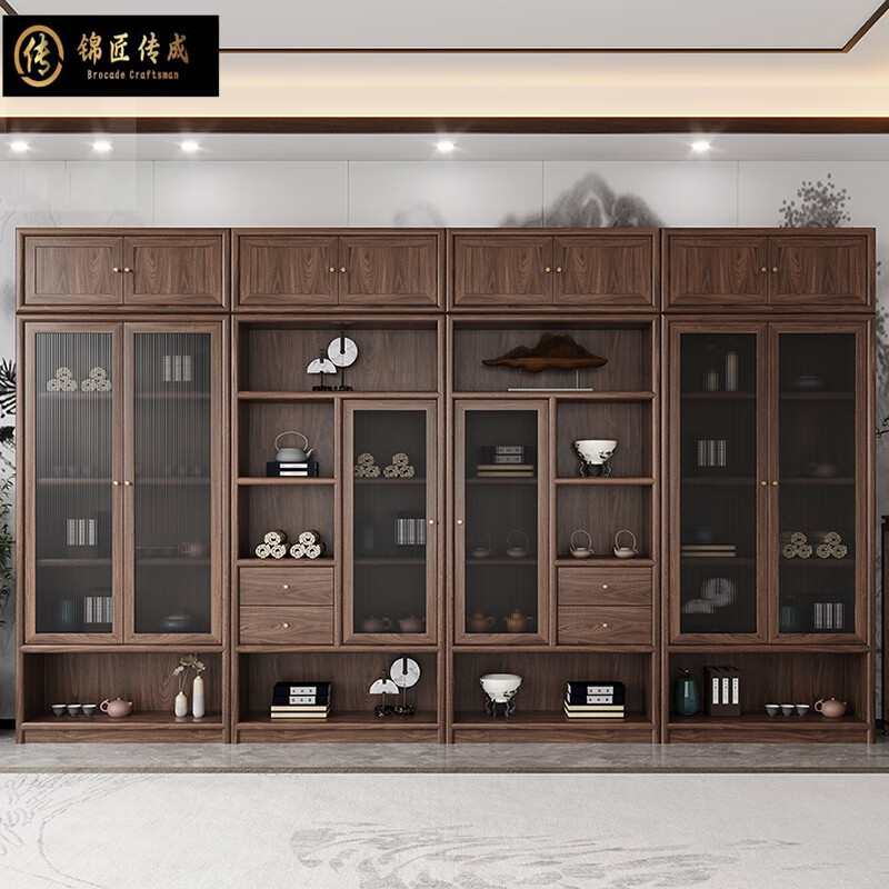 Jinjiang Chuancheng New Chinese style Bogu rack North American black walnut study bookshelf tea room tea rack tea cabinet tea space display cabinet old elm middle cabinet 100*35*240cm