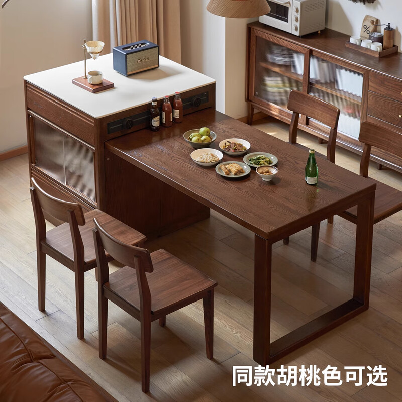 Genji Muyu solid wood island dining table integrated retractable slate sideboard modern multi-functional oak cabinet (log color) retractable island + slate dining table + electric rail