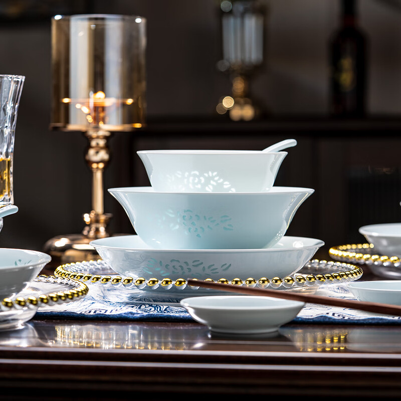 Rich Jade Ceramics Jingdezhen Celadon Exquisite Tableware Complete Set of Underglaze Colored Bowls and Plates Home Gift Set Celadon Jade Peony 16 Heads