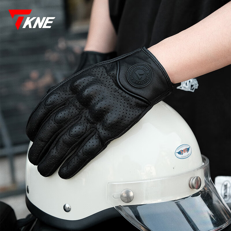 TKNE summer motorcycle gloves men's anti-fall breathable sheepskin retro KP10/black summer style-hole S