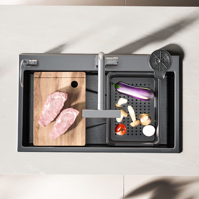 Jiumu Pool Raindance Waterfall Digital Display Wash Basin Kitchen Sink Thickened 304 Stainless Steel Nano Sink 80*45 Raindance Waterfall Digital Display Faucet Package