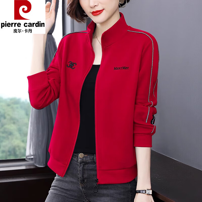 Pierre Cardin stand-up collar cardigan zipper jacket for women spring and autumn new style western style mom long-sleeved top large d size velvet thickened sweatshirt big red spring and autumn style XL (recommended 115-125 pounds)
