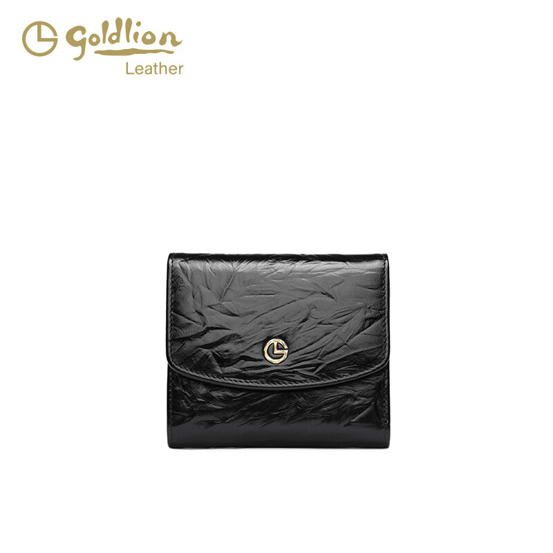 Goldlion 2025 Spring Hot Style Short Wallet Women's Trendy Niche Design Multi-Card Slot Wallet Cowhide Coin Purse Black