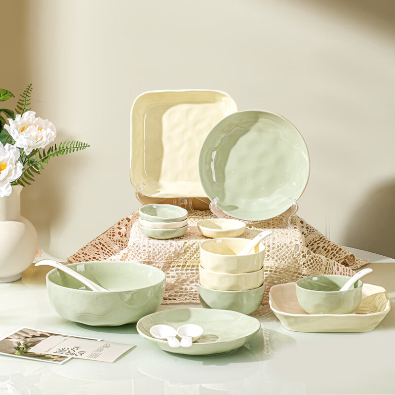 TREEJACK ceramic bowls, plates, tableware set, French style, fresh, creamy style, rice soup bowls, dishes, plates, chopsticks and spoons, 11-piece set