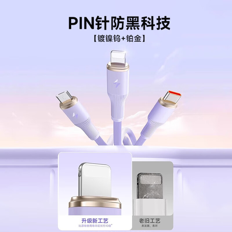 Port Emperor applicable data cable three-in-one charger cable liquid 100W fast charging three-head Apple Huawei vivo Android one-to-three Typec mobile phone iPhone multi-head multi-function vehicle purple 1.5 meters newly upgraded super fast charging C port 27 minutes to fully charge