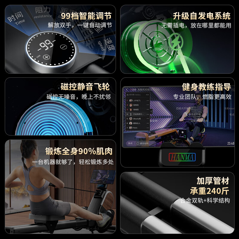 Hanma Foldable Super Fat-Burning Intelligent Rowing Machine Home Training Magnetic Silent Rowing Machine Sports Athens Black/APP Personal Training Annual Card/SF Express Household/32