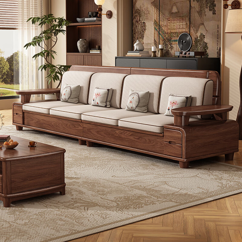 Yahua Xiangshe new Chinese style black walnut solid wood sofa modern simple living room small apartment winter and summer storage sofa 3.15 meters four-seater + imperial concubine couch + coffee table + TV cabinet assembly