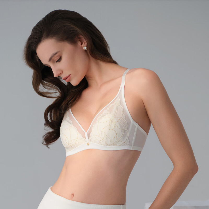 Embry Starry Rabbit Ears Set Light Luxurious Lace Single Layer Bra Women's Anti-Bump Triangular Cup Underwear Gift Gardenia White CRM 85B XL