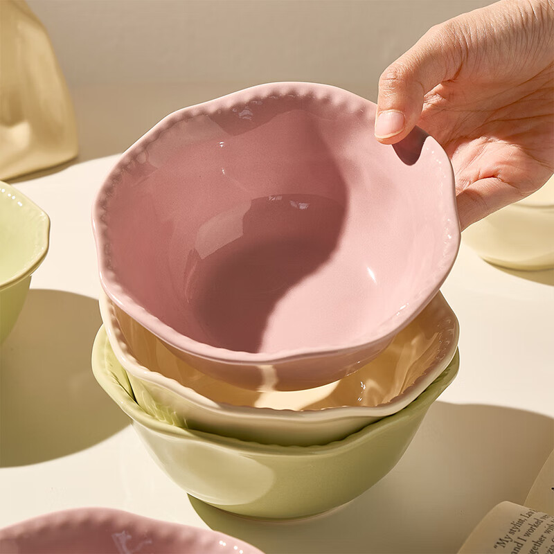 TREEJACK Bead Dot Girly Cream Style Ceramic Yogurt Salad Bowl Dessert Oatmeal Breakfast Bowl Fruit Bowl Rice Ramen Soup Bowl