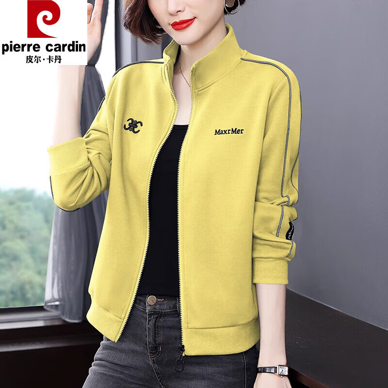 Pierre Cardin stand-up collar cardigan zipper jacket for women spring and autumn new style western style mom long-sleeved top large d size velvet thickened sweatshirt big red spring and autumn style XL (recommended 115-125 pounds)