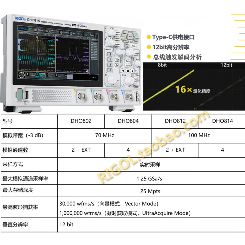Funwudou customized spot Puyuan DHO814 digital oscilloscope 12-bit vertical resolution 804/802/812DPO 800 original full options DHO804 (factory 70M four channels) can be upgraded