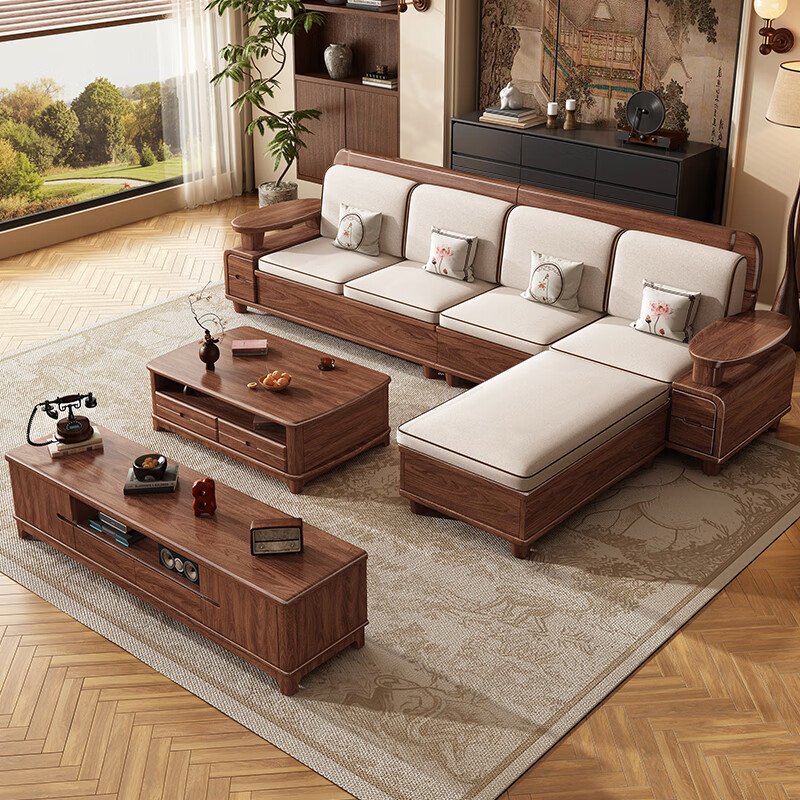 Yahua Xiangshe new Chinese style black walnut solid wood sofa modern simple living room small apartment winter and summer storage sofa 3.15 meters four-seater + imperial concubine couch + coffee table + TV cabinet assembly