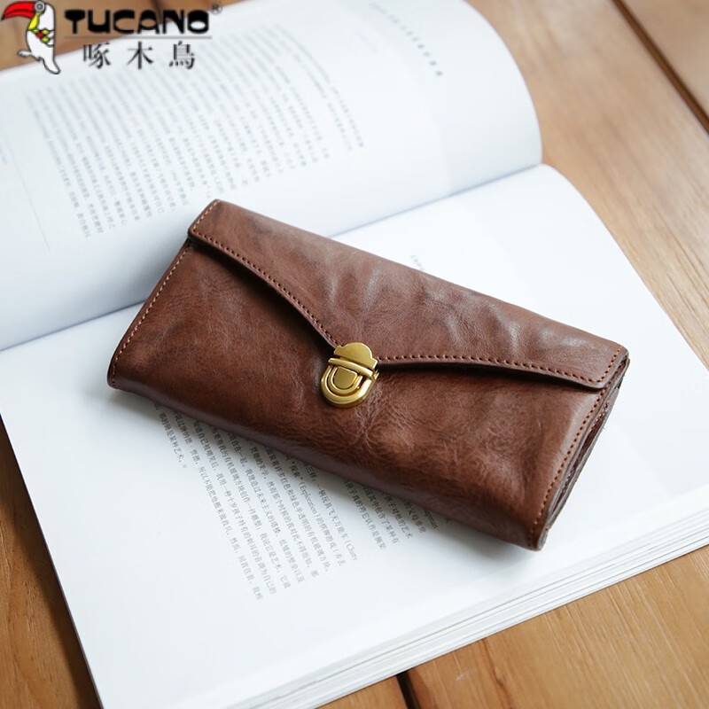 Woodpecker (TUCANO) Genuine Leather Retro Women's Long Wallet Top Layer Vegetable Tanned Cowhide Large Capacity Lock Handheld Horizontal Multi-Card Slot Wallet Dark Brown