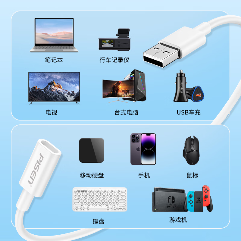 PISEN USB to Type-C female data extension cable adapter high-speed transmission mobile phone charging TV laptop connection mobile hard drive docking mouse extension cable 1 meter USB to typec extension cable high-speed transmission