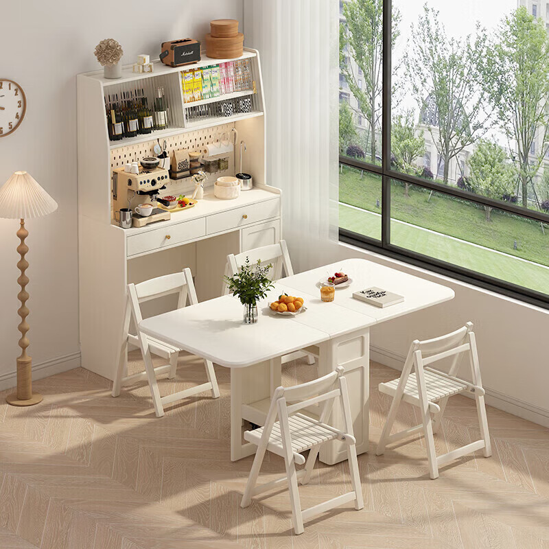 Isabel solid wood sideboard dining table integrated high cabinet against the wall cream style small apartment can be embedded in the household invisible folding dining table 1.7 meters dining table - built-in sideboard - invisible 0 area DIY hole board + high power anti-shock guide rail socket