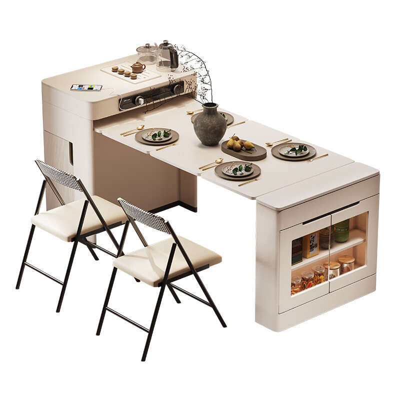 Micro Art 2026 cream style sideboard island dining table integrated household retractable and foldable small apartment bar guide inverted dining table island dining table + A style dining chairs * 6 (with tea)